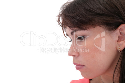 Depressed, sad woman on white background