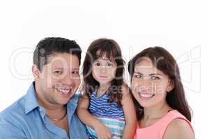 Happy young family with little girl posing on white background