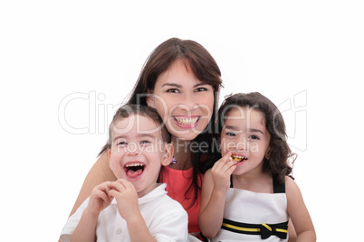 Mother, son and daughter having fun on a white background.