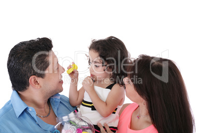 Dad, wife and daughter in the studio on a white background.  Foc