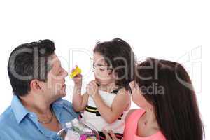 Dad, wife and daughter in the studio on a white background.  Foc