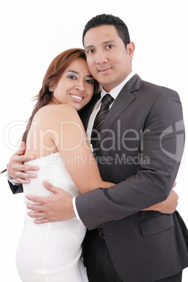 Loving couple smiling to camera over white background