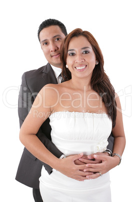 Happy young man hugging his girlfriend isolated on white backgro