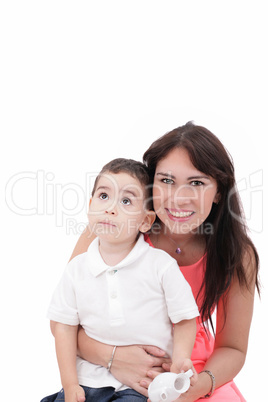 Portrait of mother and child, isolated on white