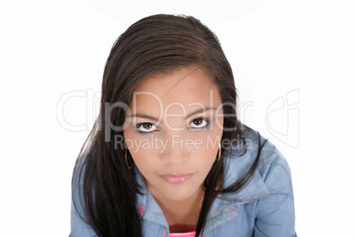 Sad girl looking at the camera isolated on white