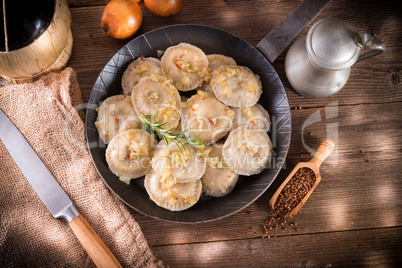 pierogi with meat and buckwheat groats