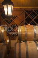 Wine Barrels and Bottles in Cellar