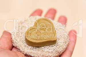 Natural Heart-Soap on the Sponge in the Open Palm