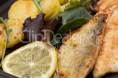 Fried Perch Filets with Fried Potatoes, Lemon and Salad