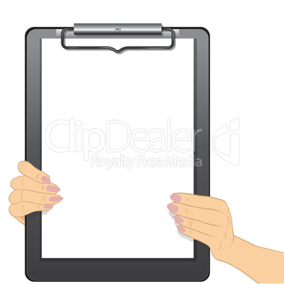 Hands holding a blank clipboard isolated on white background