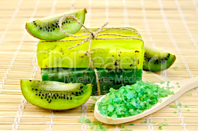 Soap homemade and salt in a spoon with kiwi