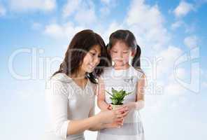 Asian family taking care plant