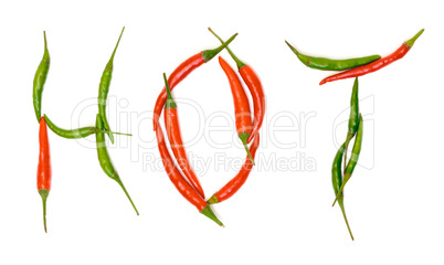 Word "Hot" from Red and Green Chilli Hot Peppers
