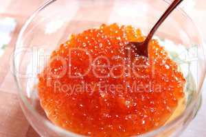 red caviar in a plate with the spoon