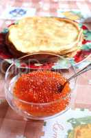 red caviar in a plate with the spoon