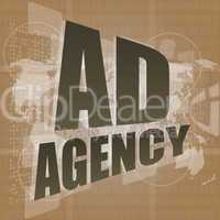 word Ad agency on digital touch screen 3d