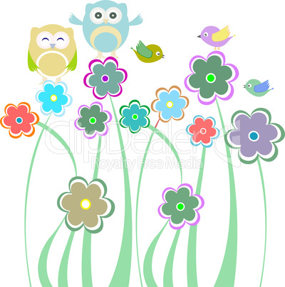 Cute kids background with flowers and birds