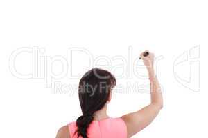 Rear view of corporate woman writing on copy space isolated on w