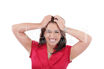 Woman looking shocked and angry against white background