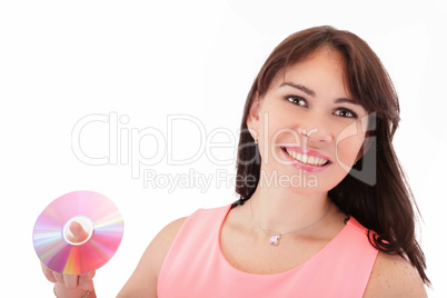 Woman with cd. Over white background