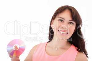 Woman with cd. Over white background