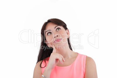 Portrait of a beautiful young woman thinking, isolated on white