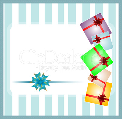 Holiday background with blue gift bow and gift boxes