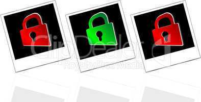 Set of empty photos and padlock on abstract white background