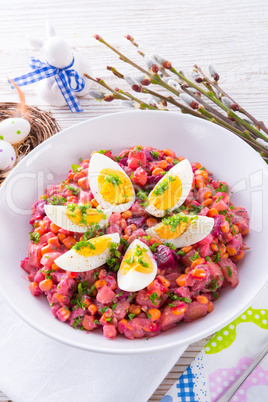 Red beet salad with egg