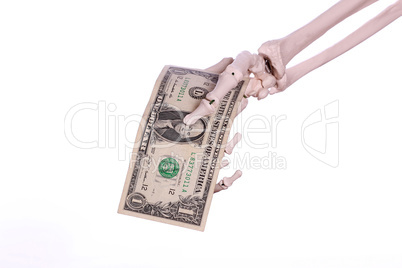 one dollar in skeleton fingers