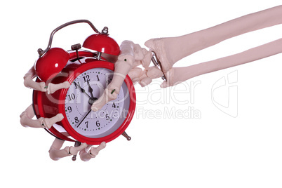 skeleton hand holding red alarm bell