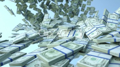 US dollar bundles slow motion flow and blue sky. Alpha matte