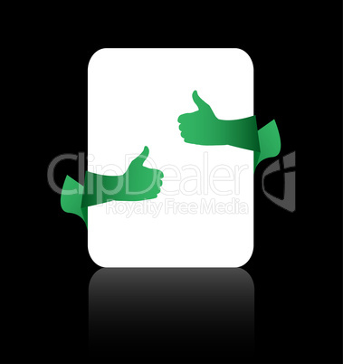 Thumb up like hand sign empty card on black background