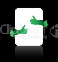Thumb up like hand sign empty card on black background