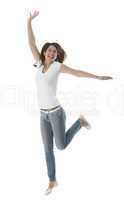 beautiful young woman jumps for joy