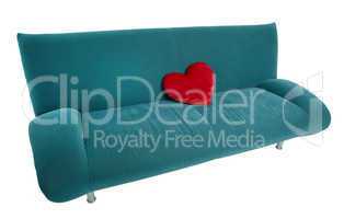 green sofa with red heart shaped pillow