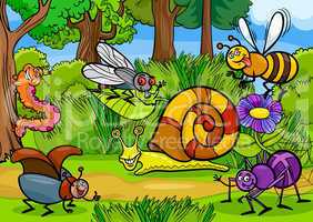 cartoon insects on nature rural scene