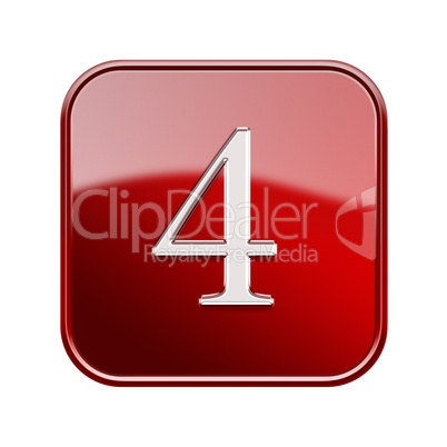 Number four red glossy, isolated on white background