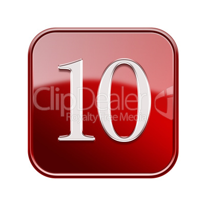 Number ten icon red glossy, isolated on white background