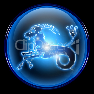 Capricorn zodiac button, isolated on black background.