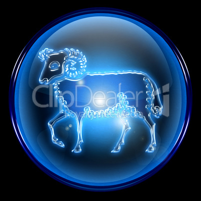 Aries zodiac button icon, isolated on black background.