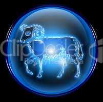 Aries zodiac button icon, isolated on black background.
