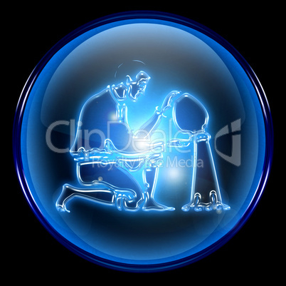 Aquarius zodiac button icon, isolated on black background.