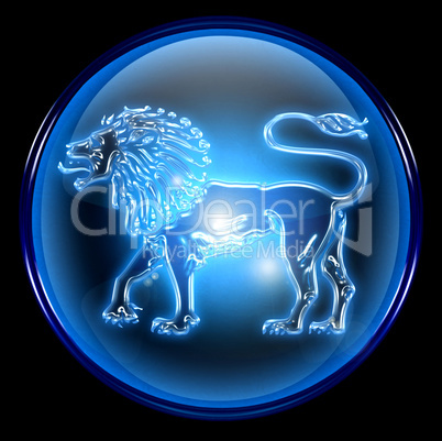 Lion zodiac button icon, isolated on black background.