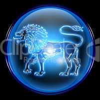 Lion zodiac button icon, isolated on black background.