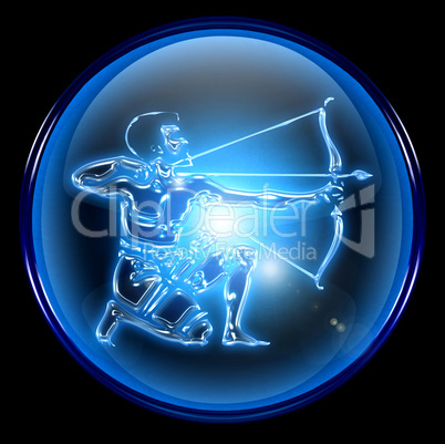 Sagittarius zodiac button icon, isolated on black background.