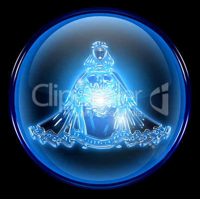 Virgo zodiac button icon, isolated on black background.