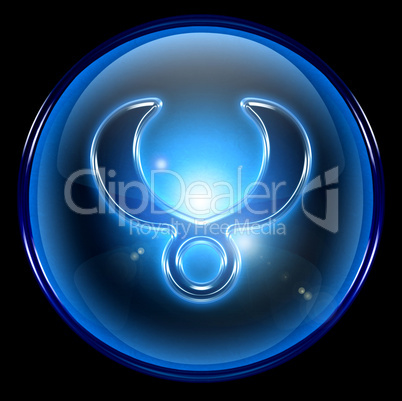 Taurus zodiac button icon, isolated on black background.