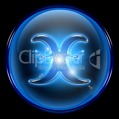 Pisces zodiac button icon, isolated on black background.