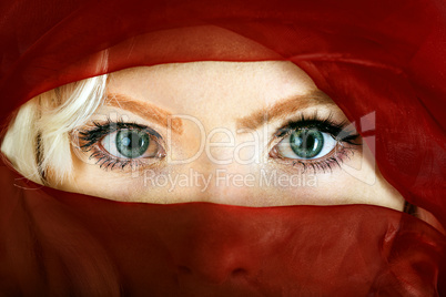 Face of a veiled blonde woman